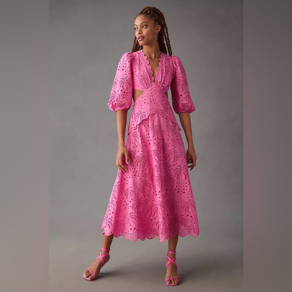 Farm Rio Scalloped Palm Eyelet Cutout Dress